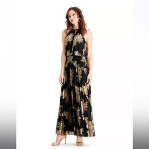 MSK Metallic-Print Pleated Blouson Gown Size 16 Black